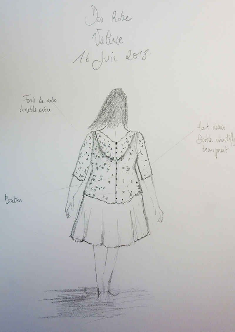 Dessin de l'arrière de la robe de marié sur-mesure de Valérie